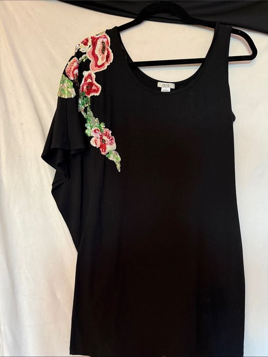 Cache Dresses & Skirts - Cache Black One-Shoulder Dress with Pink & Green Floral Beading